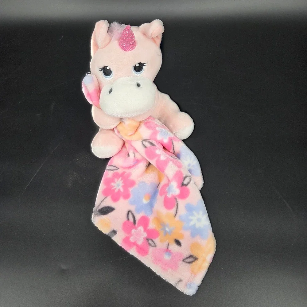 Little Beginnings Pink Unicorn Floral Plush Security Blanket Lovey Glitter Horn